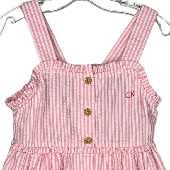 Calvin Klein Jeans Dress Girls 6X Pink White Stripe Seersucker Fit Flare Ruffles - Picture 3 of 5